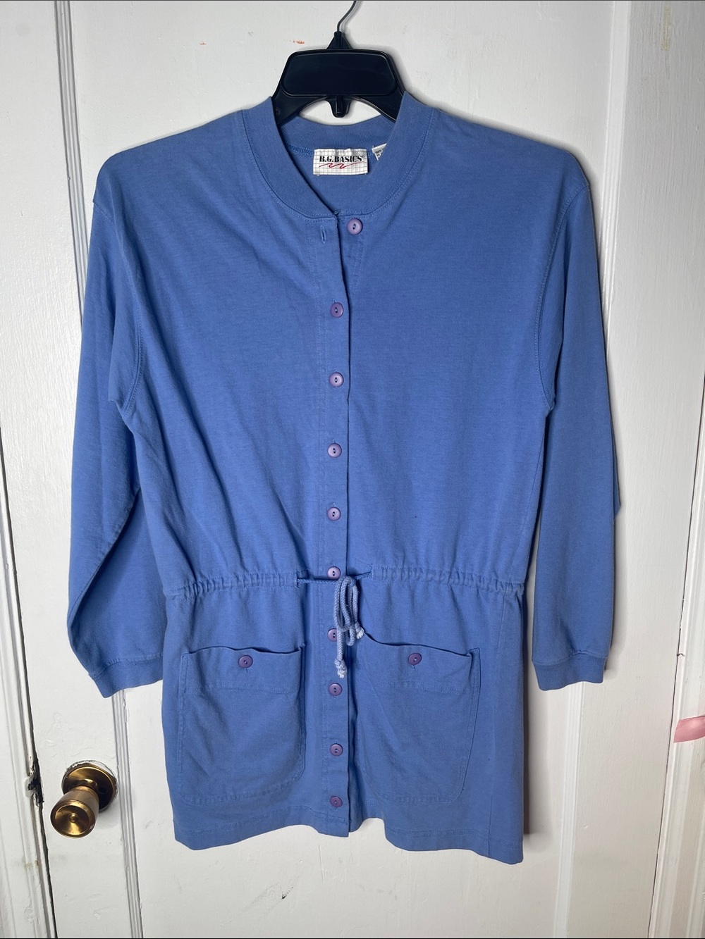 90s Tunic Top Cardigan Blue Small BG Basics Pockets Cinch Waist Button Front